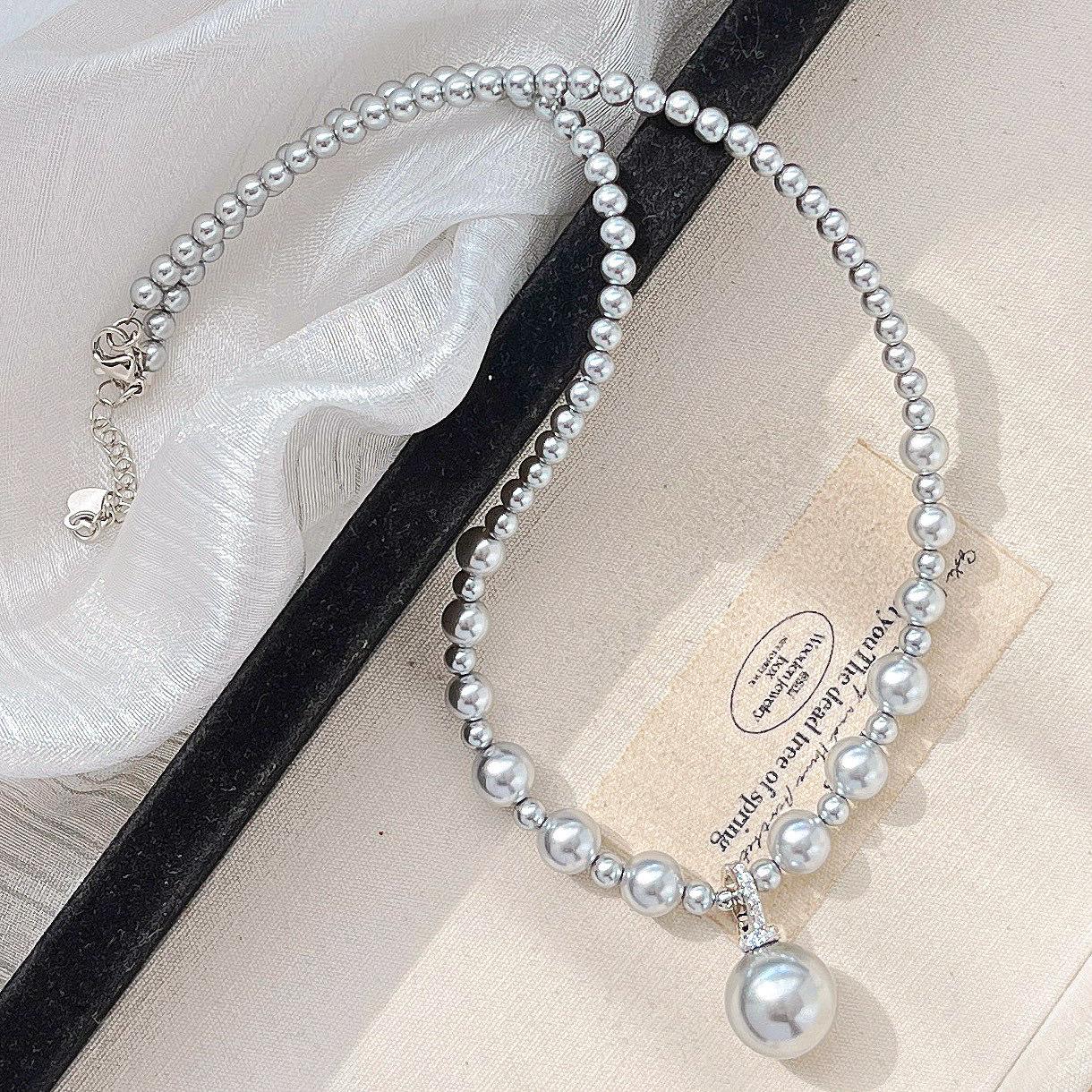 High Quality Platinum Grey Faux Crystal Pearl Necklace Necklace Sweater Chain Women S Pendant