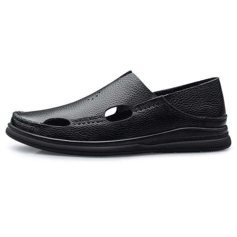 Leather hollow sandals Velcro hole shoes breathable casual men's shoes soft sole dad cool leather shoes men