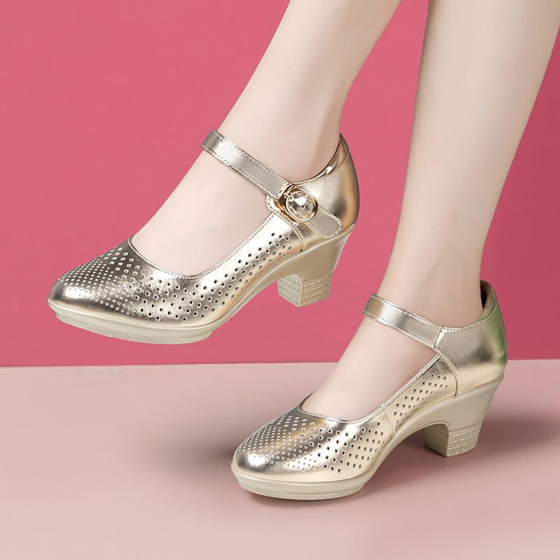 Women Black Genuine Leather Buckle Strap High Quality Shoes Women Dance Shoes Lady Fashion Spring Summer Red Comfort Heel Pumps