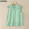 Women Doll Collar Sleeveless Ruffled Hem Button Down Crochet Casual Tank Tops