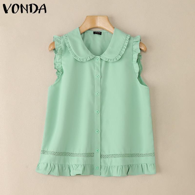 VONDA Women Doll Collar Sleeveless Ruffled Hem Button Down Crochet Casual Tank Tops