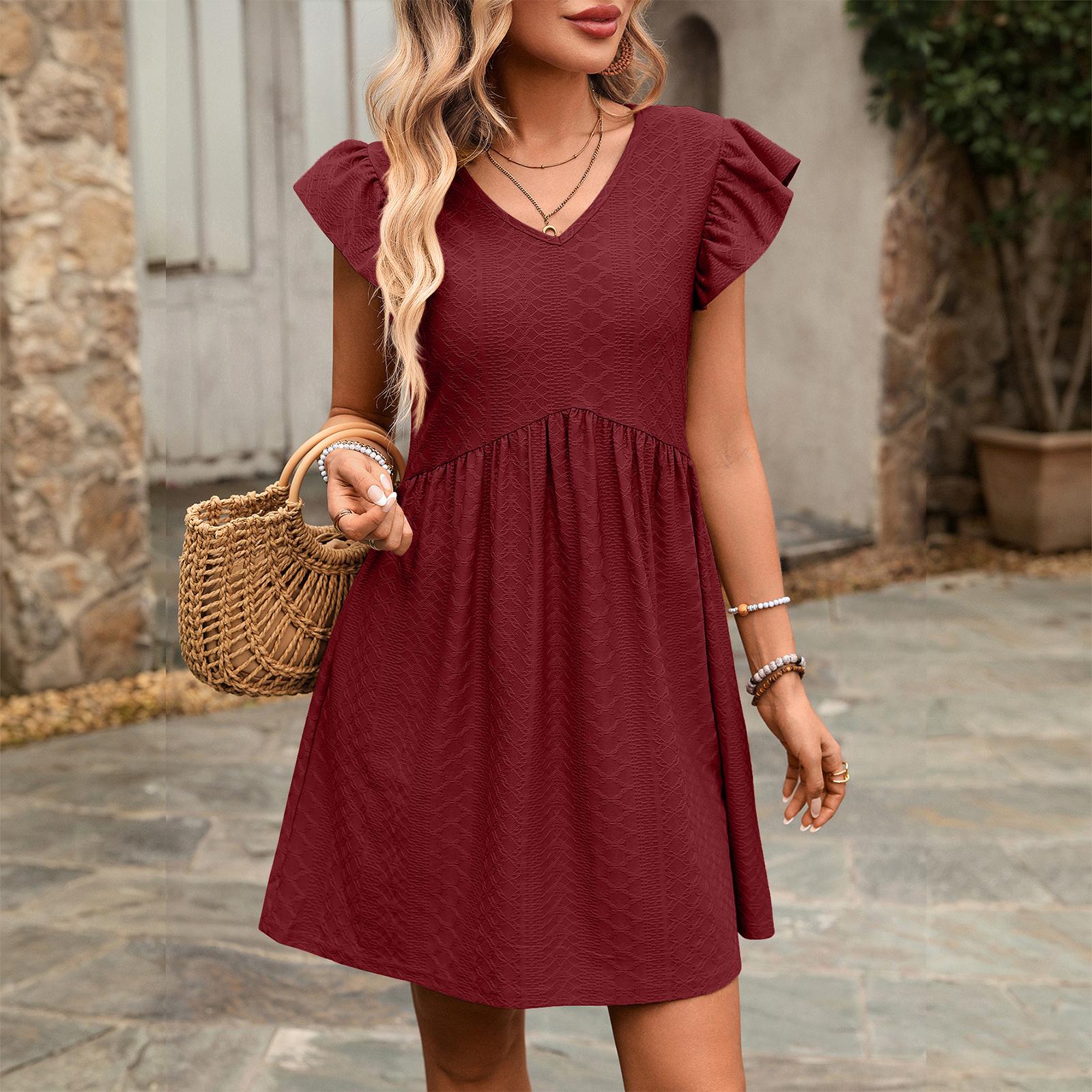 

Women s Fashionable V-neck Ruffle Sleeve Short Sleeved Loose Vacation Dress XL винний