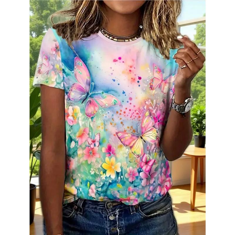 Fashion Women's Crew Neck T-Shirt 3D Flower Color Printing Crew Neck Short Sleeve