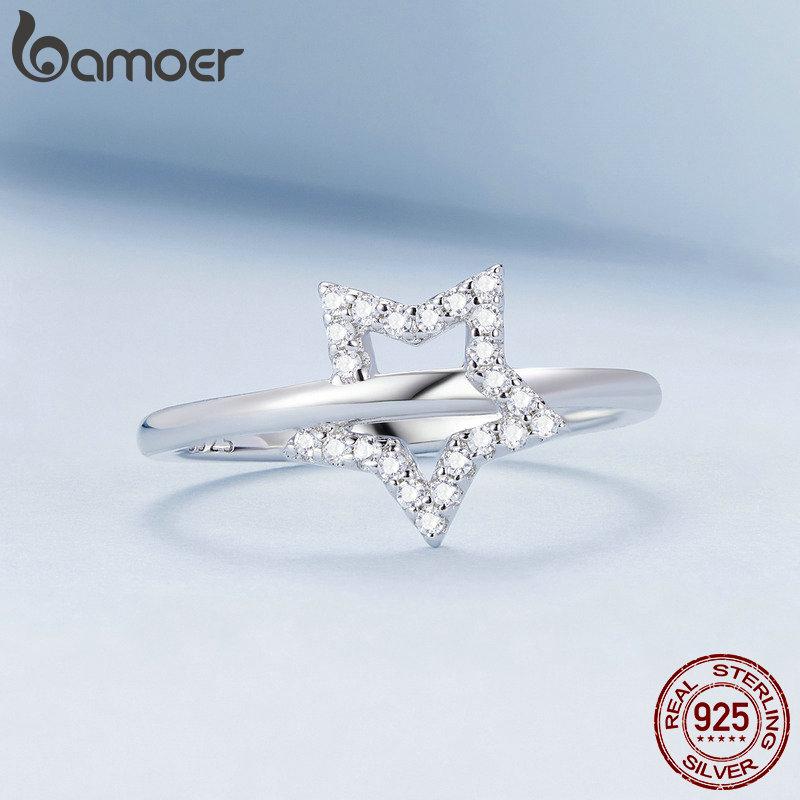 BAMOER 925 Sterling Silver Simple Star Finger Ring Cubic Zirconia for Women Eternity Band Original Design Fine Jewelry