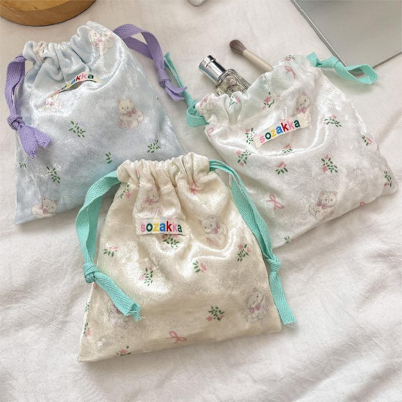 Cartoon Floral Bear Drawstring Storage Bag Women Jewelry Lipstick Makeup Bag Coin Purse Multifunctional Travel Packaging Bag
