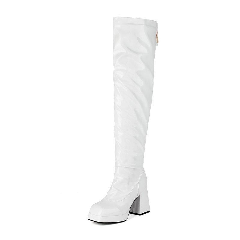 Knight boots patent leather square head thick sole thick heel super high heel rear zipper women's knee boots elastic thin boots long women's boots
