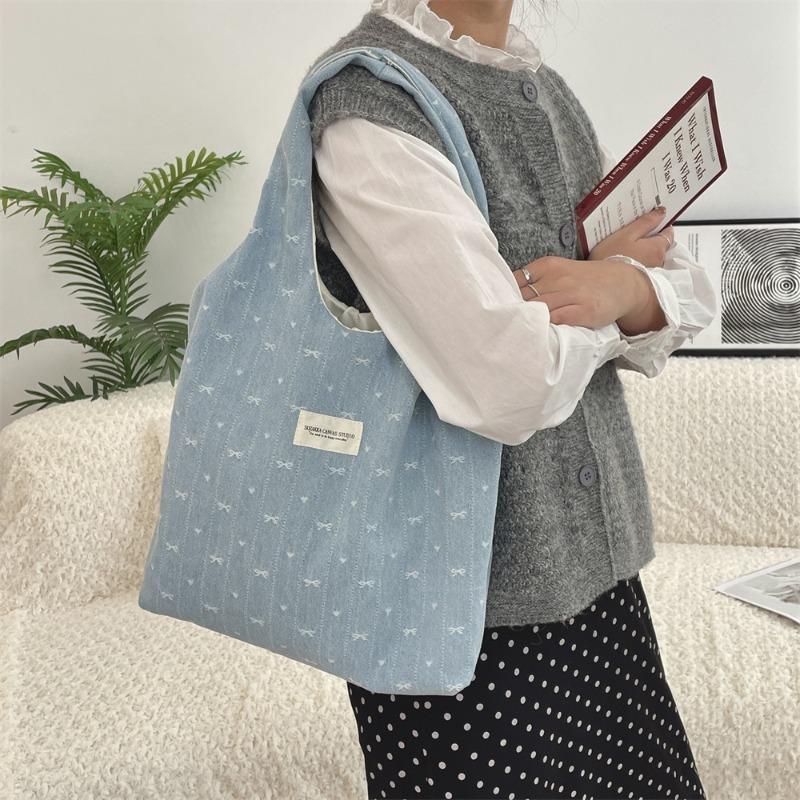 

Denim Bow Large Capacity Vest Bag Female Student Book Handbag One Shoulder Large Capacity Shopping Bag светло-синий
