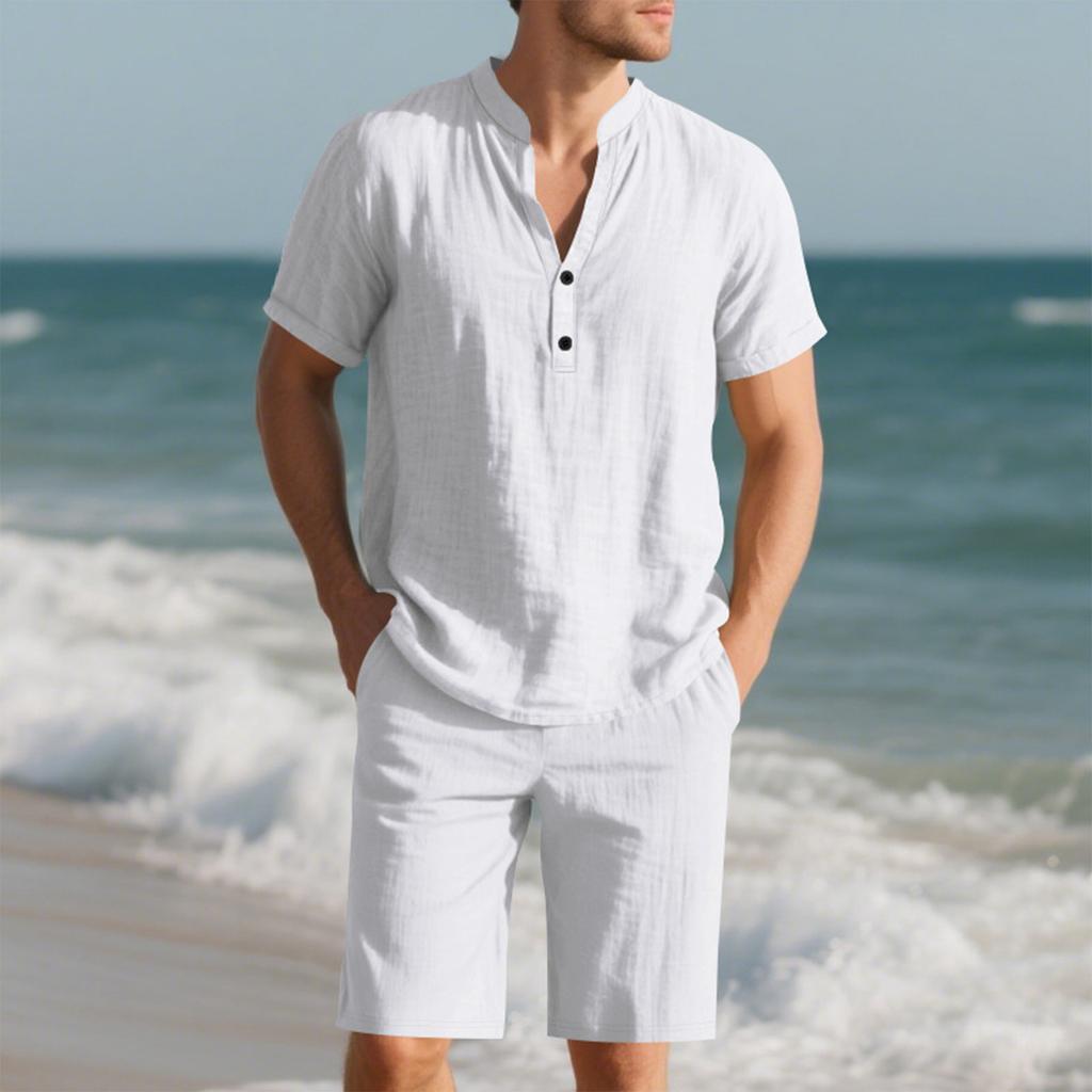 Men's Short Sleeve Shorts Suit Casual Loose Linen Men's Short Sleeve Shorts Suit