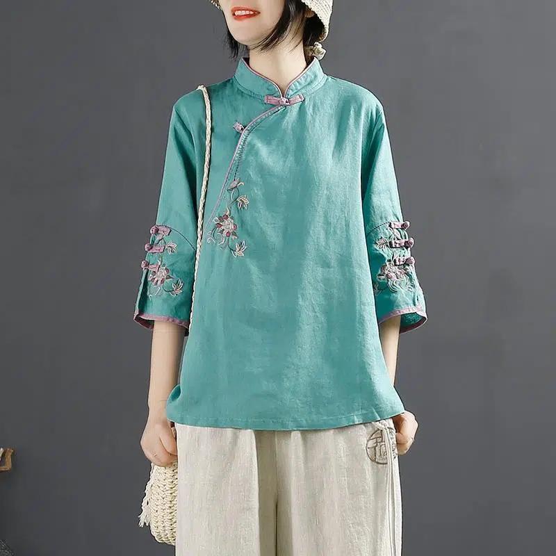 2024 Retro Chinese Cotton Linen Shirt: Women's Spring/Summer Stand-Up Collar Button Top with Embroidered Slant Lapel