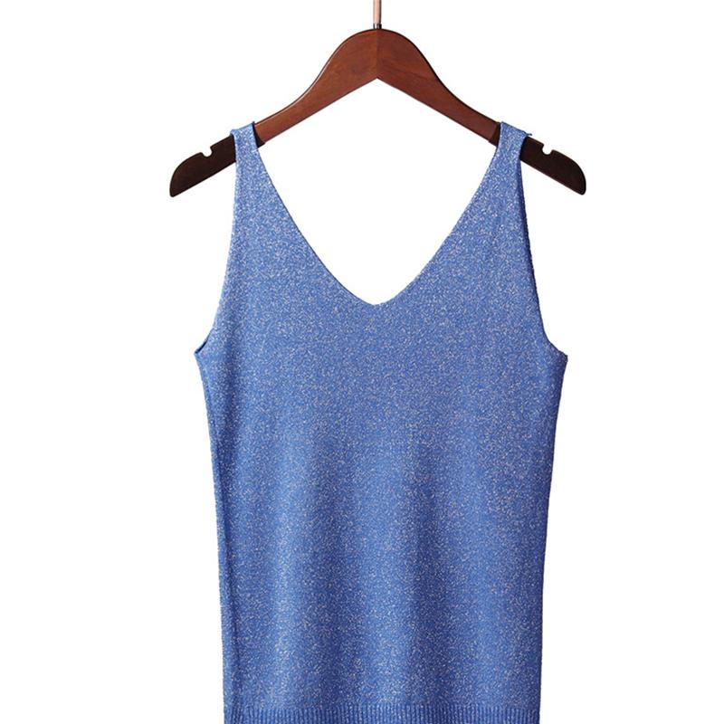 Women Summer Sexy Slim V-Neck Bright Silk Knitted Sleeveless Vest Top T-Shirt Basic Trend