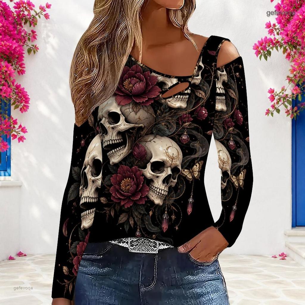 Women Plus Size Asymmetric Cutout Neck Cold Shoulder Long Sleeve Skull Floral Printed Black Fitted Shirt