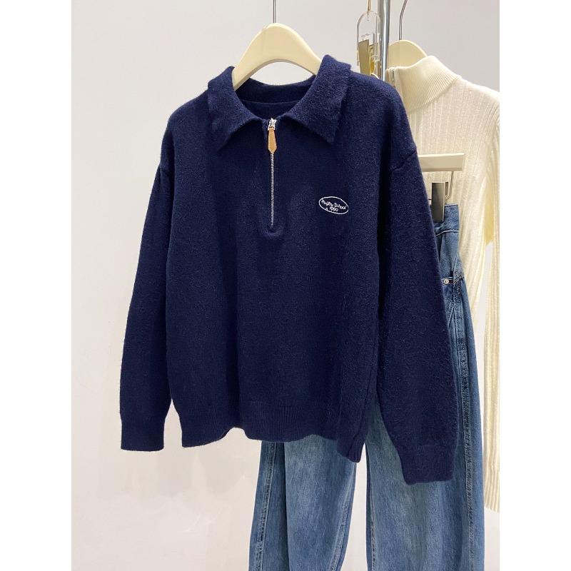 

Свободный лацкан вязаный свитер женский осенне-зимний новый утолщенный свитер база длинный рукав минималистичный стиль внутренний топ L синий