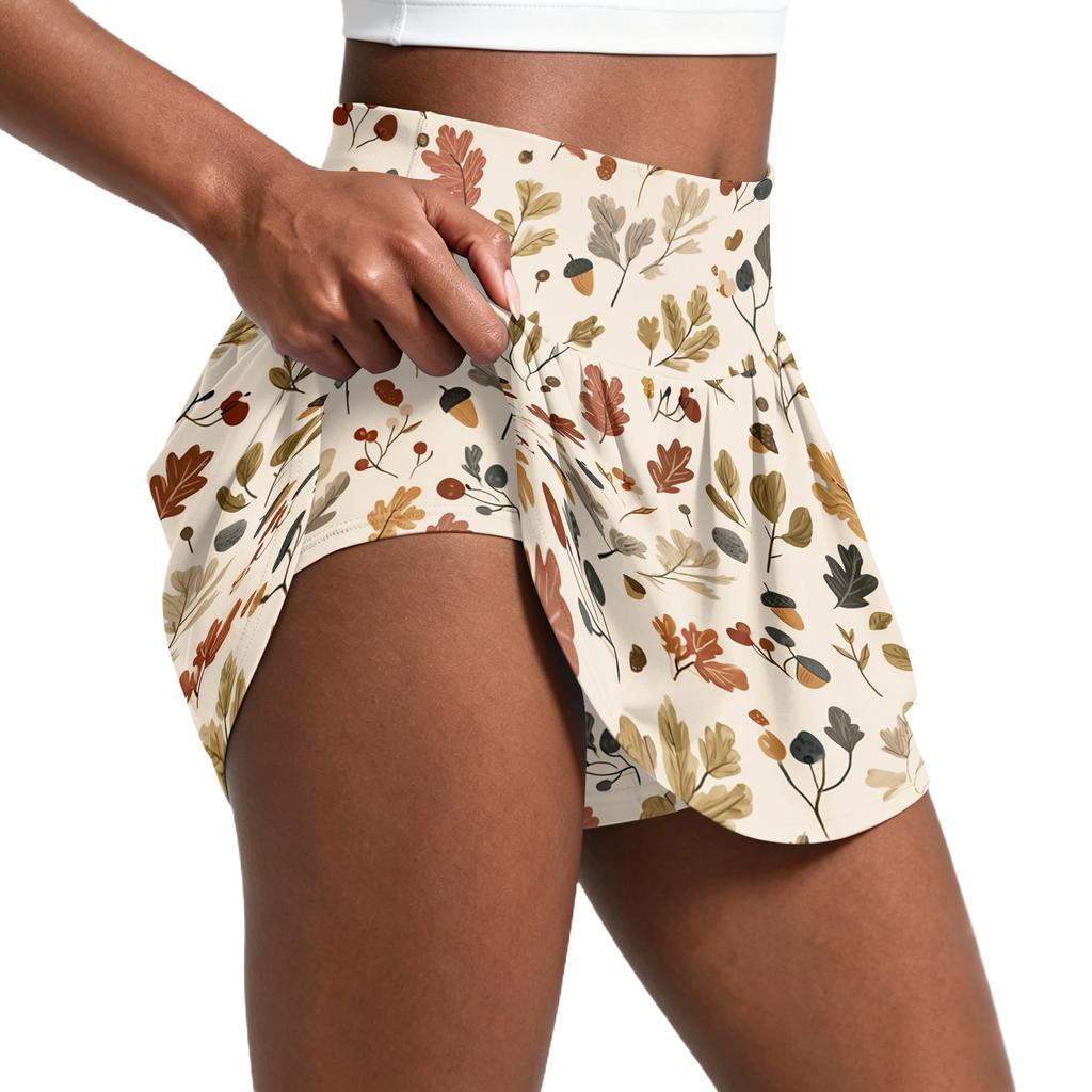 Damen Faltenrock mit Blumenmuster und integriertem Hosenrock Sportlicher Tennis-Skort zum Laufen, Yoga, Fitness, Freizeit