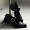 Mode Hochwertige Leder Damenschuhe Sexy Spitzschuh Metallschnalle Mary Jane Schuhe für Frauen Punk Schwarz Elegante Frau Stöckelschuhe