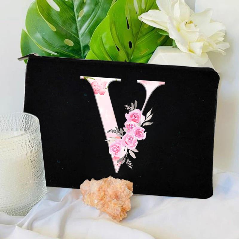 Damen Tasche Make-up Tasche Brautjungfer Make-up Taschen Blumen Alphabet Druck Leinen Reißverschluss Tasche Reise Organizer Etui Mujer Bolsas Kosmetik