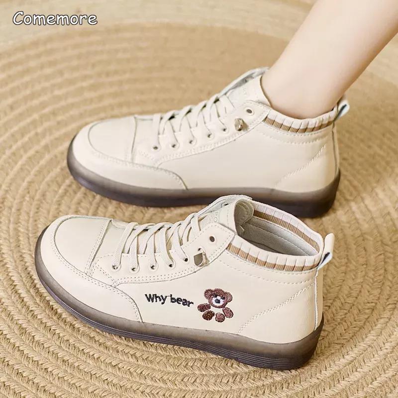 MODA popularne jesienne buty codzienne damskie wysokie trampki wulkanizowane buty modne buty z okrągłym noskiem 2024 nowe damskie skórzane trampki 41