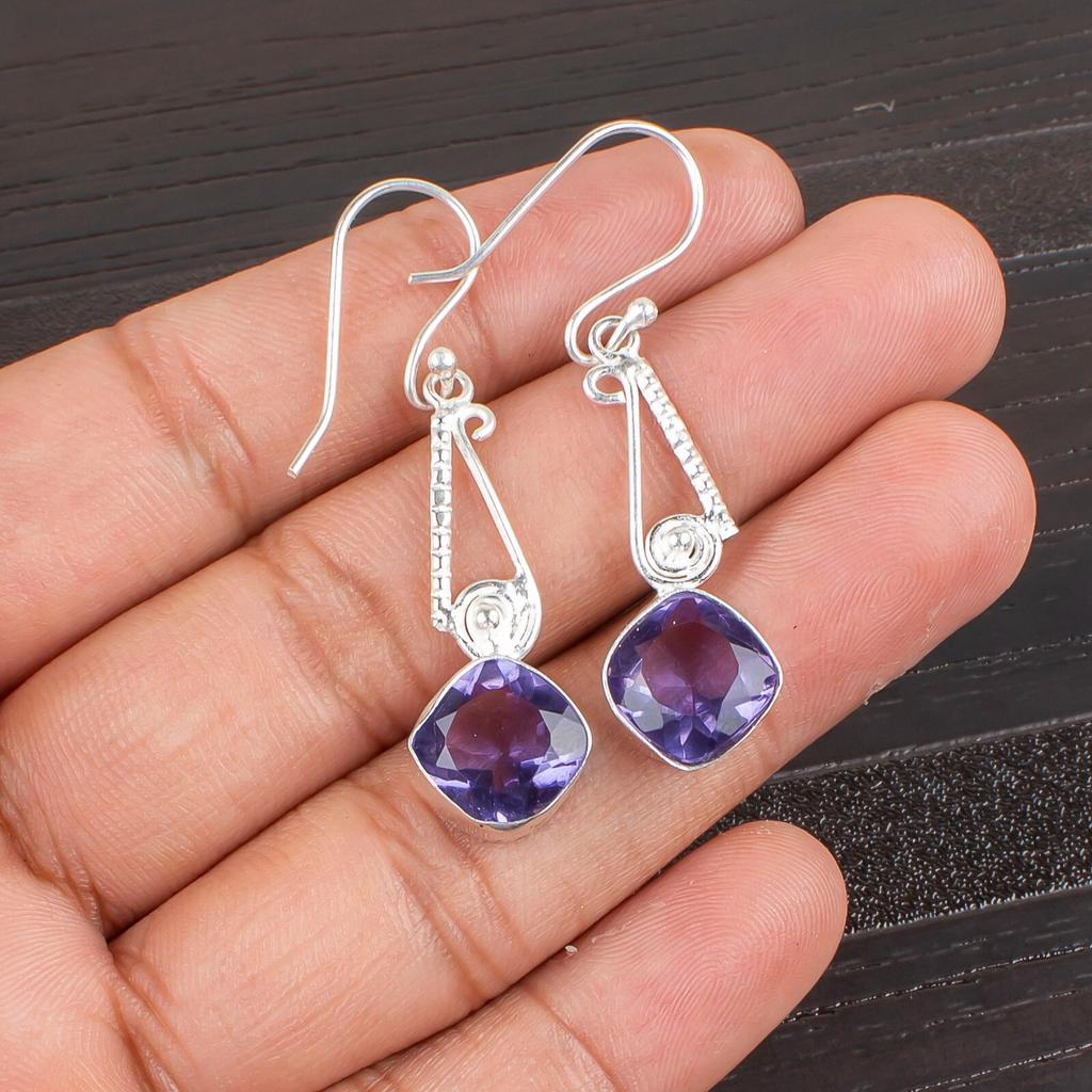 Iolite Gemstone 925 Sterling Silver Jewelry Handmade Earrings 1.90" For Gift EE-46-4