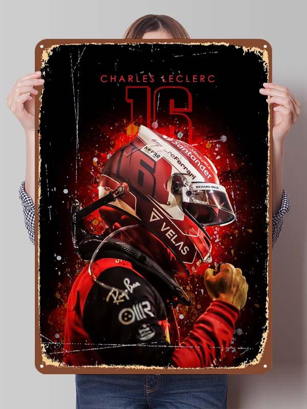 Charles Leclerc Rennfahrer Poster F1 Rennsport Metallschilder Wandkunst Wandbild Benutzerdefinierte Blechschilder für Wandkunst Dekoration Vintage Metallschild