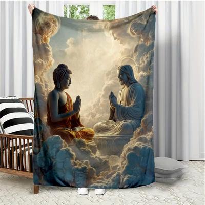 Buddhist and Christian Religious Patterns Flannel Printed Blanket Suitable for All Seasons for Living Room Office Sofa Travel