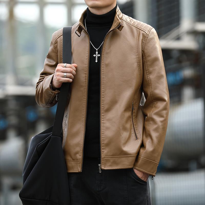 Men's leather jacket spring and autumn new locomotive jacket stand-up collar men's top trendy short leather jacket velvet leather jacket