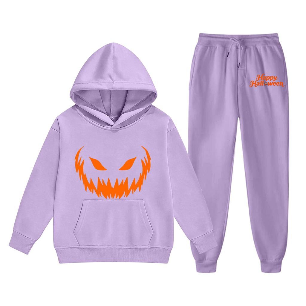 Kids Halloween Hoodie Set with Pumpkin Face Print Long Sleeve Pullover Top and Matching Pants Comfortable Fit for Boys and Girls