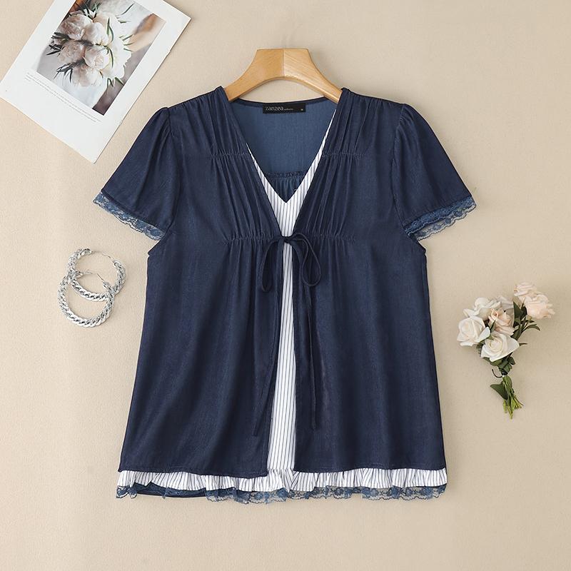 

ZANZEA Женская повседневная блузка пэчворк с V-образным вырезом и коротким рукавом на лето 3XL темно-синий