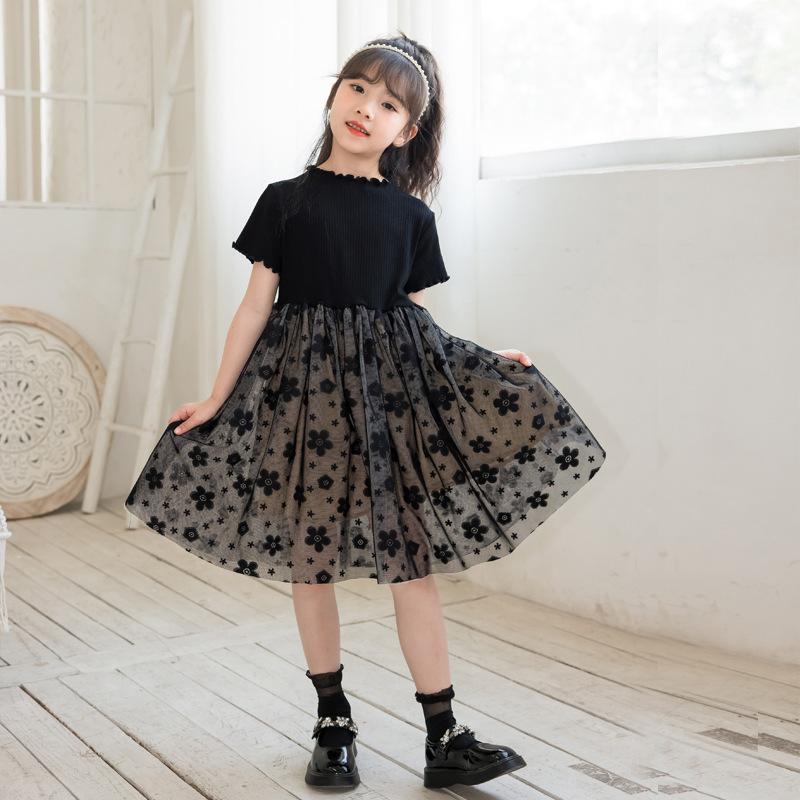 Girls' Fashionable Black Dress for Summer, Children's Princess Netted Puff-sleeved Dress