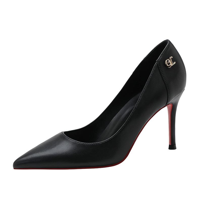 Red-soled high heels women's stiletto leather new sexy versatile pointed soft leather black single shoes