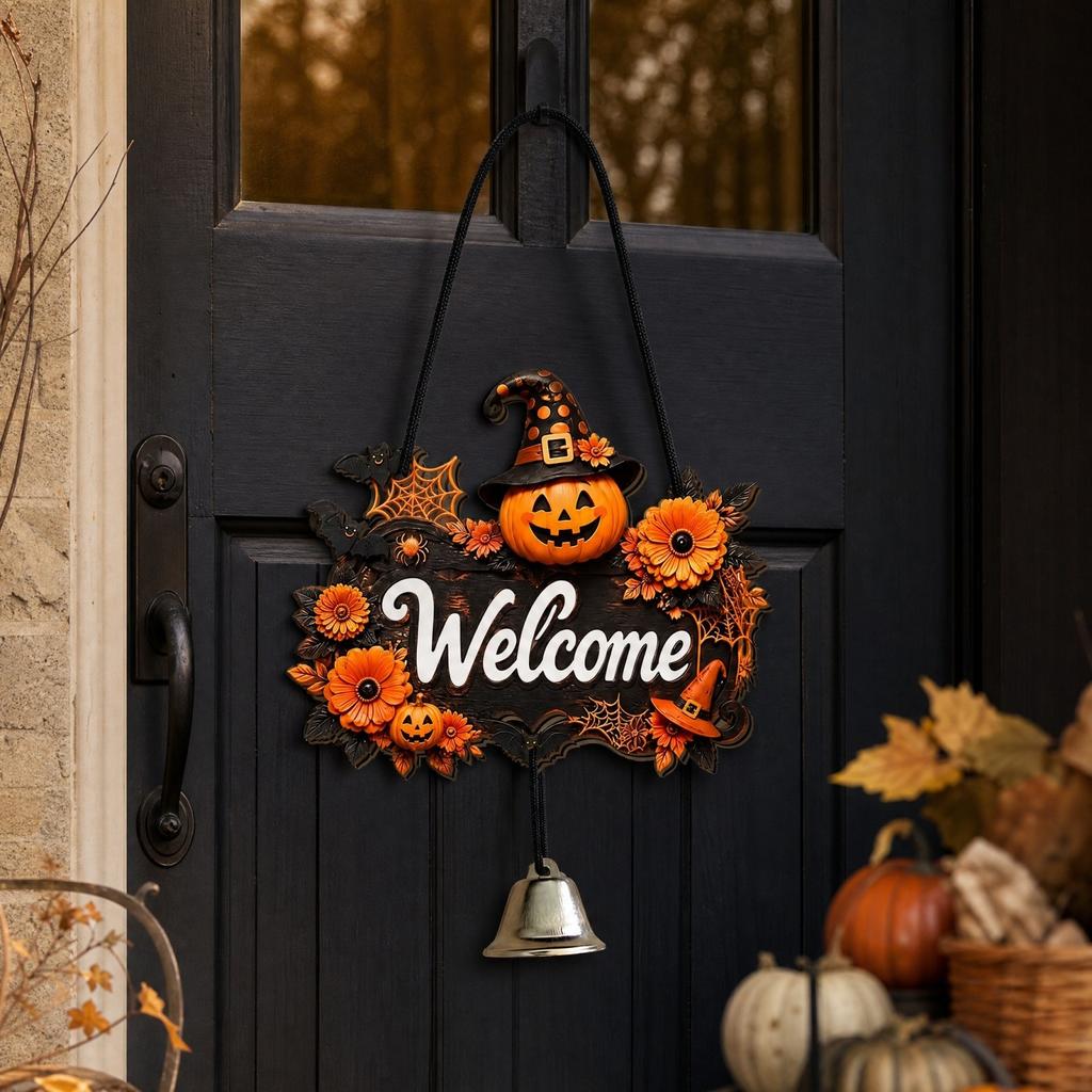 Halloween Wooden Door Hanger with and Bell for Party Wall Decor