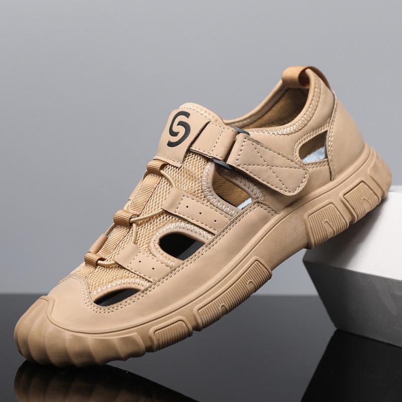 Baotou sandals men's summer new leather mesh casual beach shoes mesh breathable soft bottom hole shoes men