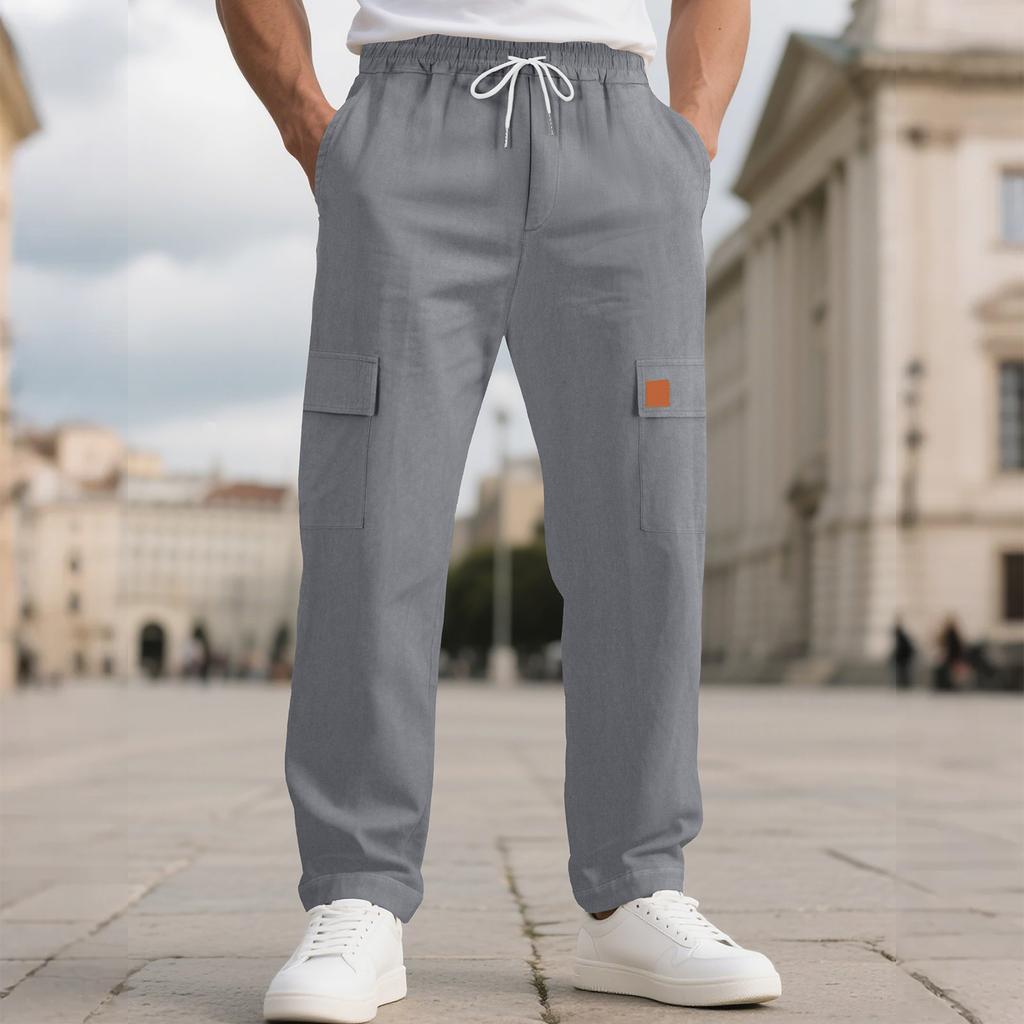 Herren Leinen Cargo Hose Elastischer Kordelzugbund Leichte Sommer Strandhose Einfarbig Lässige Gerade Hose