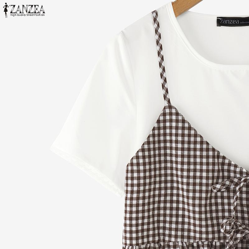 ZANZEA Women Casual Round Neck Plaid Patchwork Short Sleeve Blouse