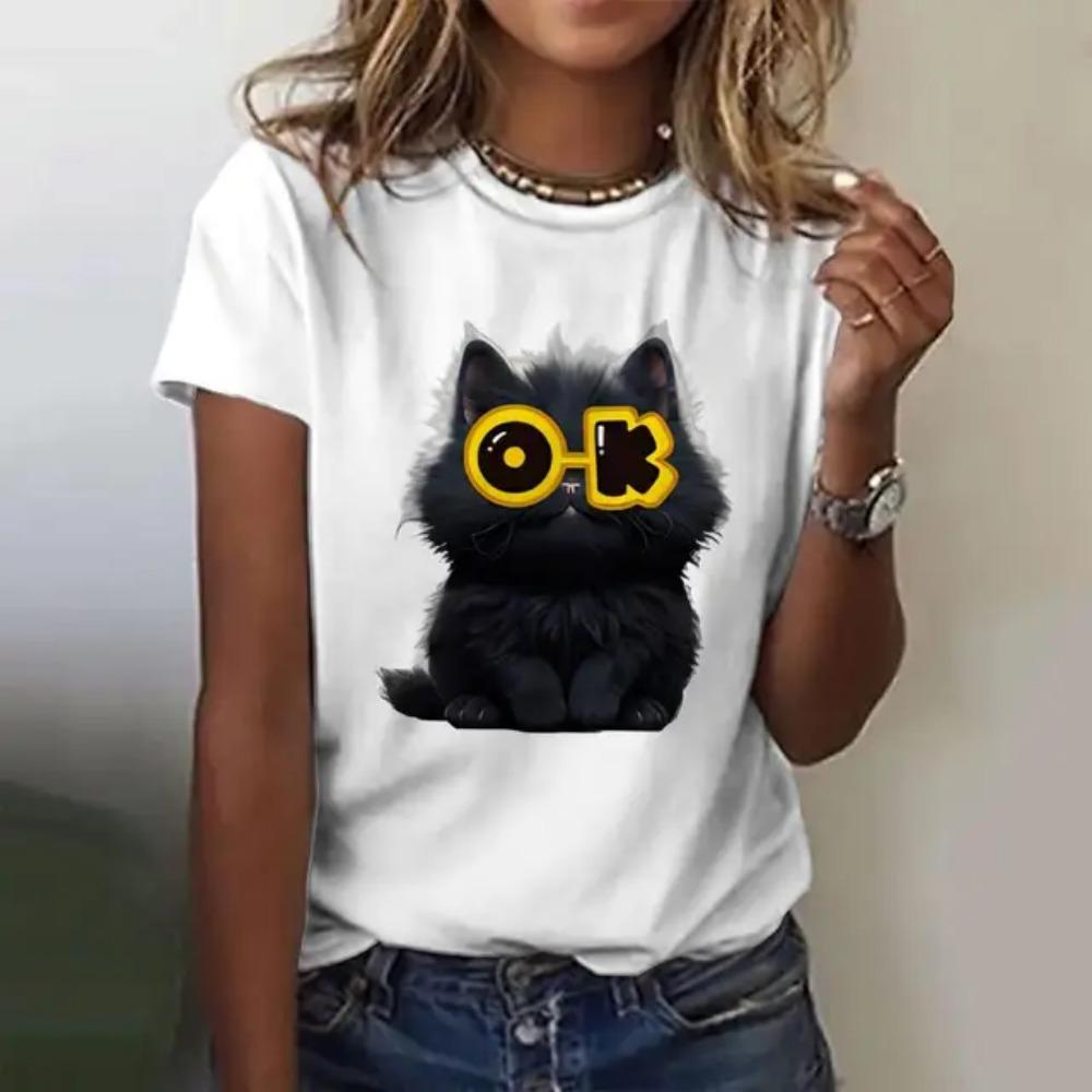 Summer fashion cat 3D printed T-shirt for women's casual round neck