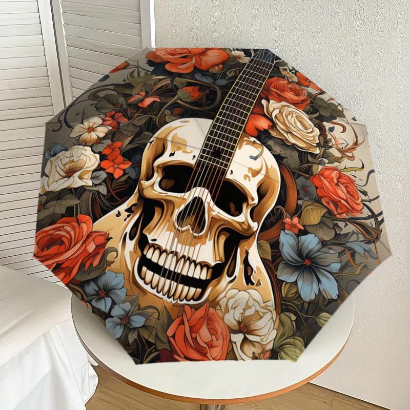 1pc Skull Guitar Floral Artwork Umbrella with Plastic Handle,Suitable for All Seasons Home Travel Outdoor UmbrellaDD508