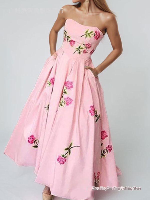 European American Women's Floral Square Neck Spring Dress with Slit