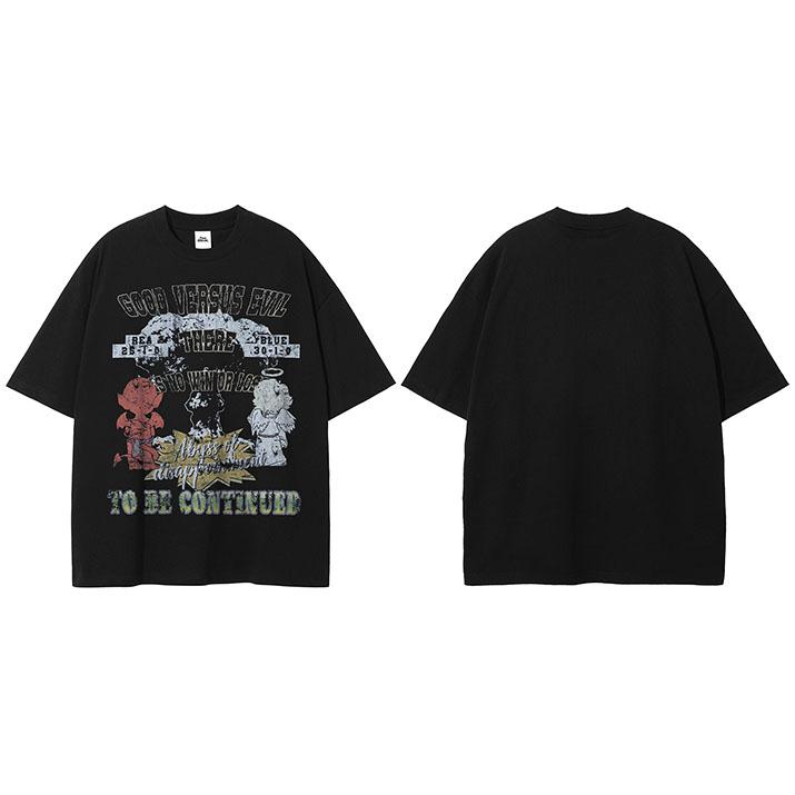 

Hip Hop Faded Black TShirt Streetwear Vintage Graphic T Shirt Retro Angel Devil Printed Men Tshirt Cotton Tops Tees S