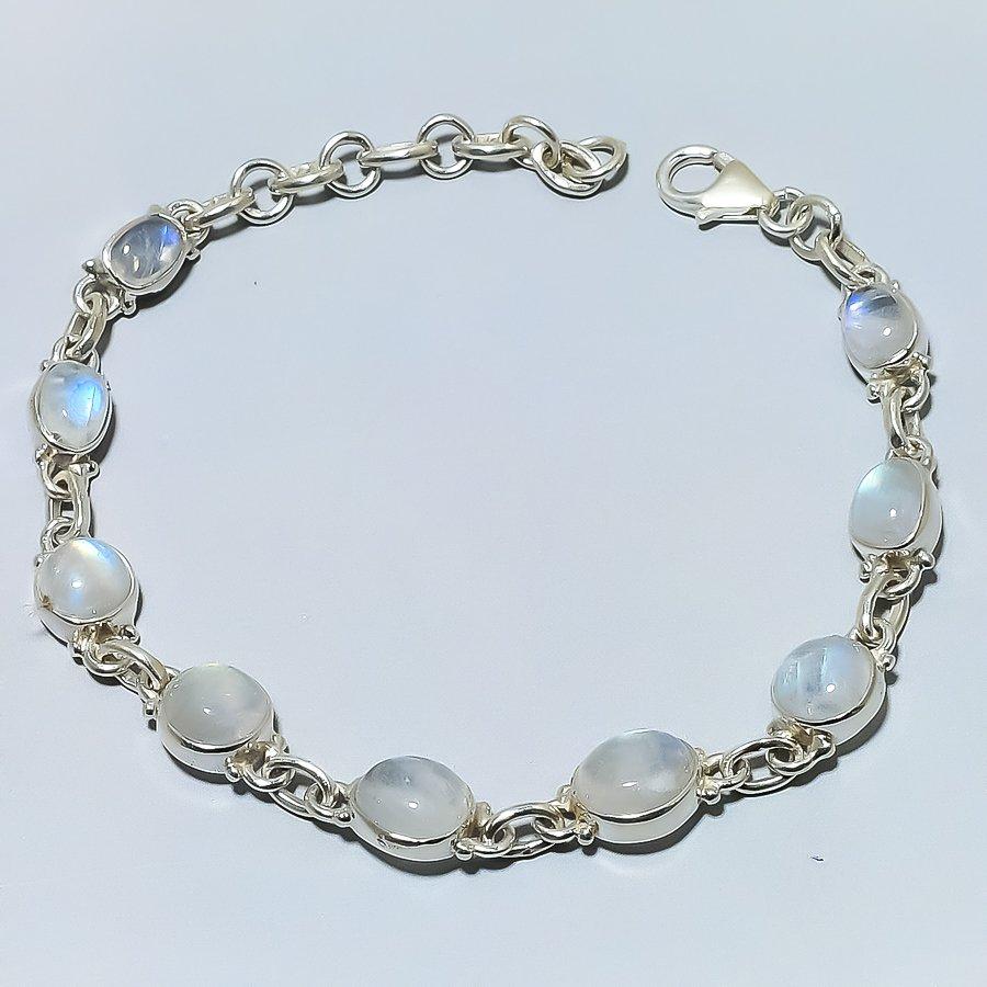 Natural Rainbow Moonstone Gemstone Handmade 925 Solid Silver Bracelet 7-8" u0F09