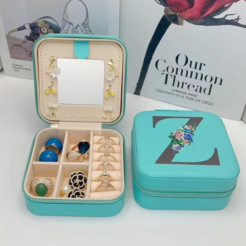 PU Leather Jewelry Box Mirror Storage Box 26 Letter Printed Portable Jewelry Organizer Earring Ring Necklace Case
