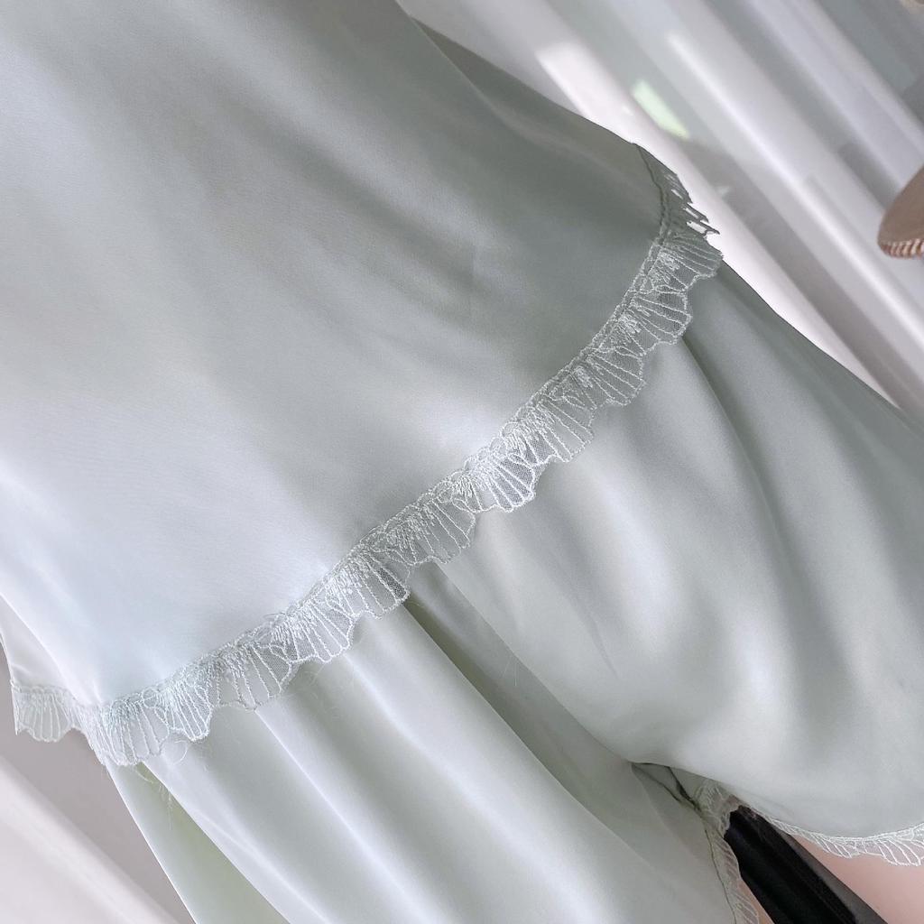 Women's Summer Ice Silk Lace Trim Pajama Set with Chest Pads