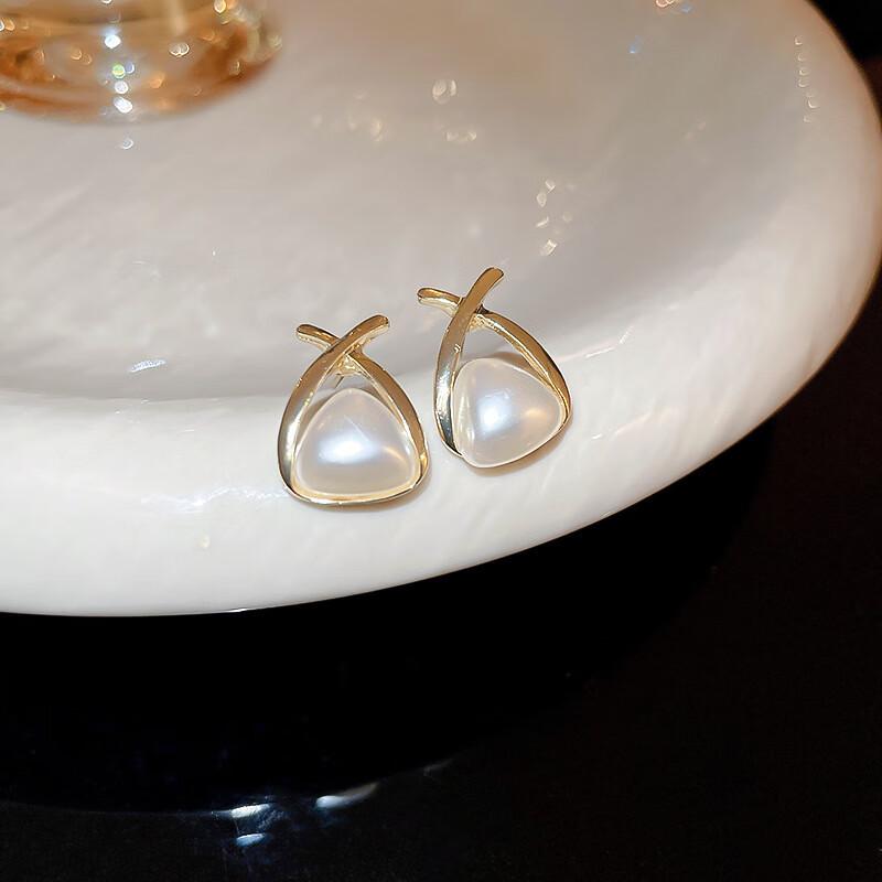 Light Luxury Niche Hollow Geometric Imitation Pearl Stud Earrings Femininity Triangular Cross Earrings