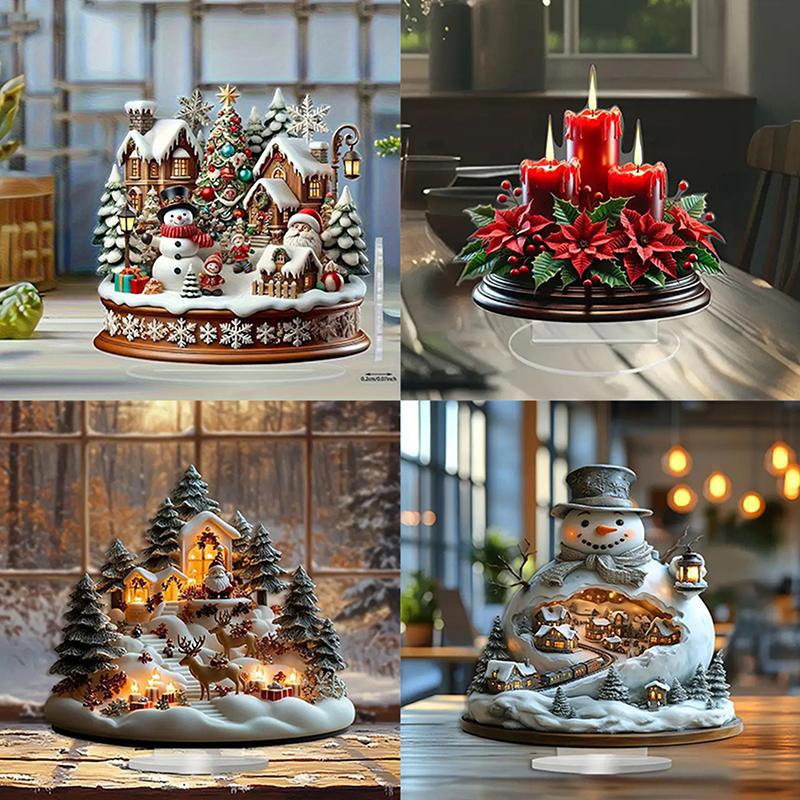 2D Flache Acryl Weihnachts-Tischdeko mit Sockel Schneemann Haus Drehbares Karussell Design Innen/Außen Heim Büro Dekoration