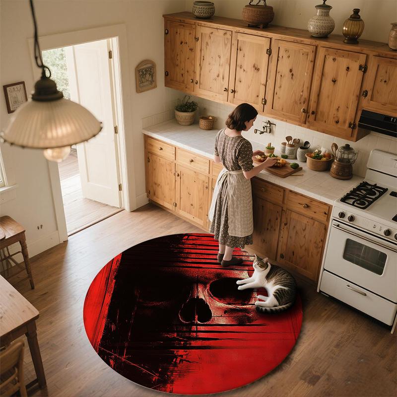 Red and Black Skull,Round Area Rug,Carpet Rug for Living Room Bedroom Sofa Playroom Decor,Non-slip Floor Mat