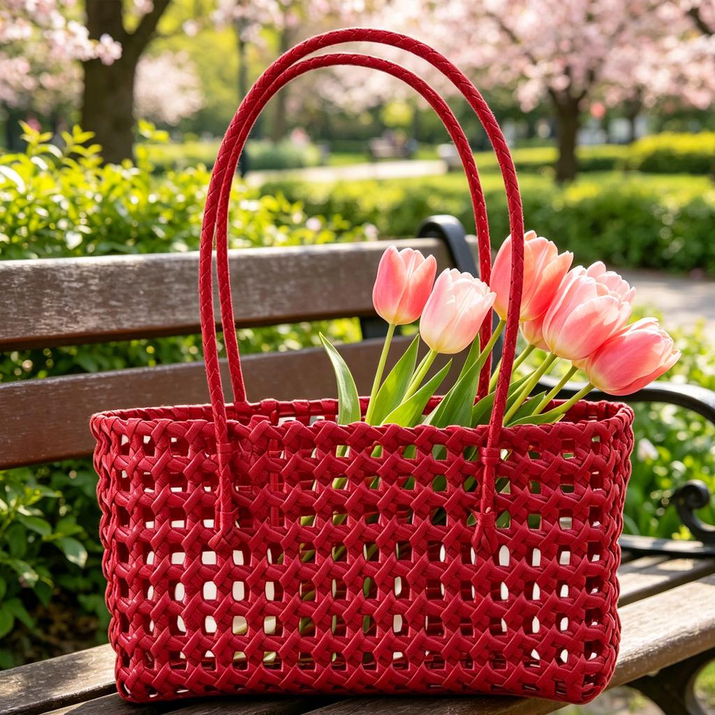 Solid Color Weave Tote Bag with Handle Summer Shoulder Bag Simple Woven Shoulder Bag for Outdoor Fruit Picking Flower Arranging
