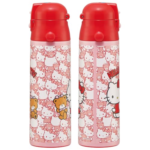 Skater Kids' 2-Way Stainless Steel Water Bottle, 580ml (Direct Drinking) and 570ml (Cup Drinking), Hello Kitty, Ushiro-Shiro, Sanrio Design, Lightweig