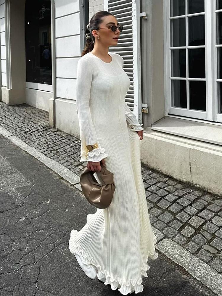 

EDOLYNSA женский купальник накидка сексуальный открытая спина шнуровка круглый вырез длинный рукав оборка 2024 осень новый белый пляж макси платье женская пляжная одежда L белый