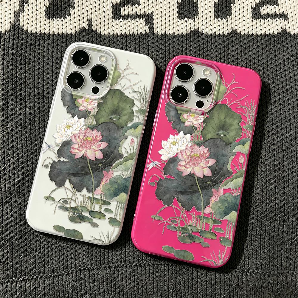 Ink Lotus Matte Silicone Case For Iphone 13 12 11 16 15 14 17 Pro Max Anti-Fingerprint Ultra Thin Cover