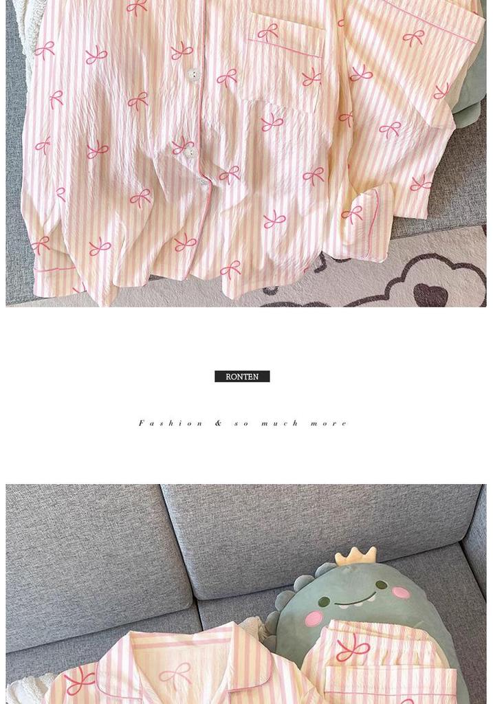 Women's Spring/Summer Pajamas: Long Sleeve & Pants, Loose Fit, Thin, Wrinkled Fabric, Bow & Stripes, Suitable for Outdoors
