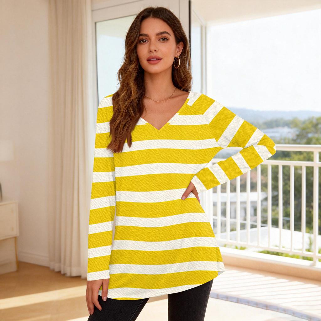 Women's Fashionable Casual Long-Sleeved Striped Print V-Neck Mid-Length Top