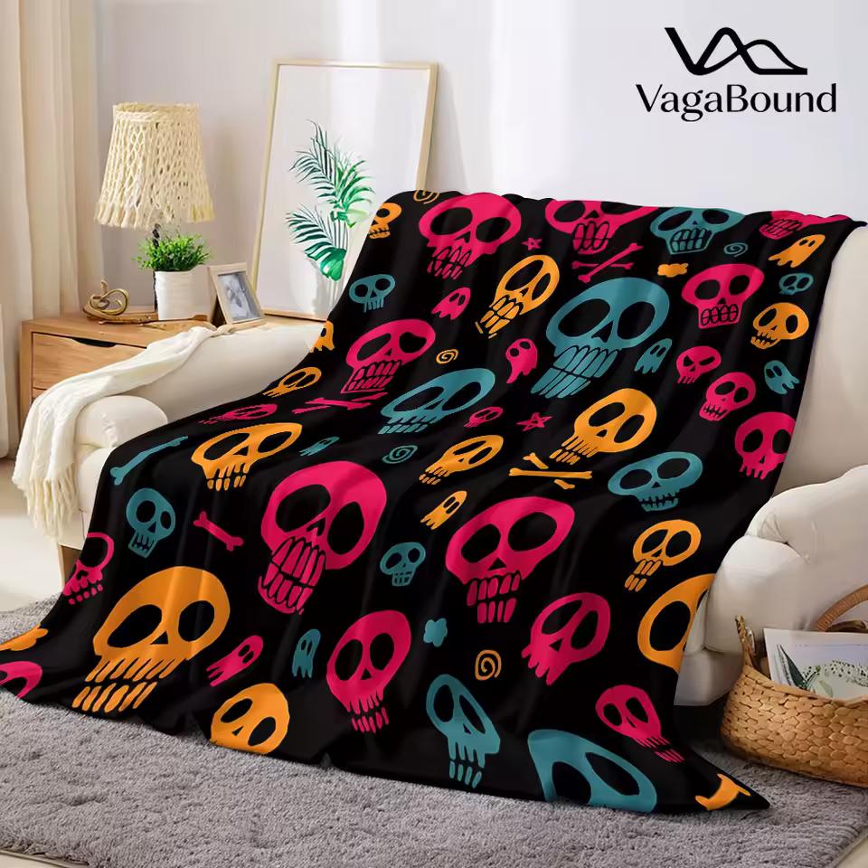 Colorful Skull Flannel Blanket Perfect for Sofa Office Bed Travel Sleep Read Relax Camping Four Season Use