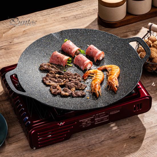 Korejská BBQ grilovací pánev s nepřilnavým kulatým pekáčem pro vnitřní vaření, grilovací plech s rukojeťmi, litinová pánev pro domácí kempování